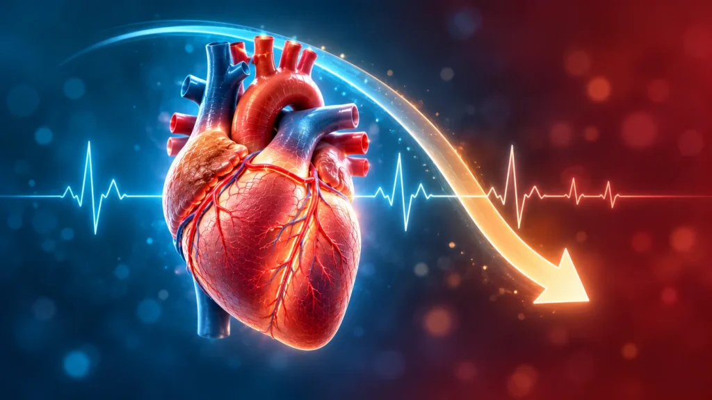 Kilo kaybıyla kalp krizi ve inme riskinin azalmasını simgeleyen, aşağı inen risk okuna bağlı sağlıklı anatomik kalp illüstrasyonu