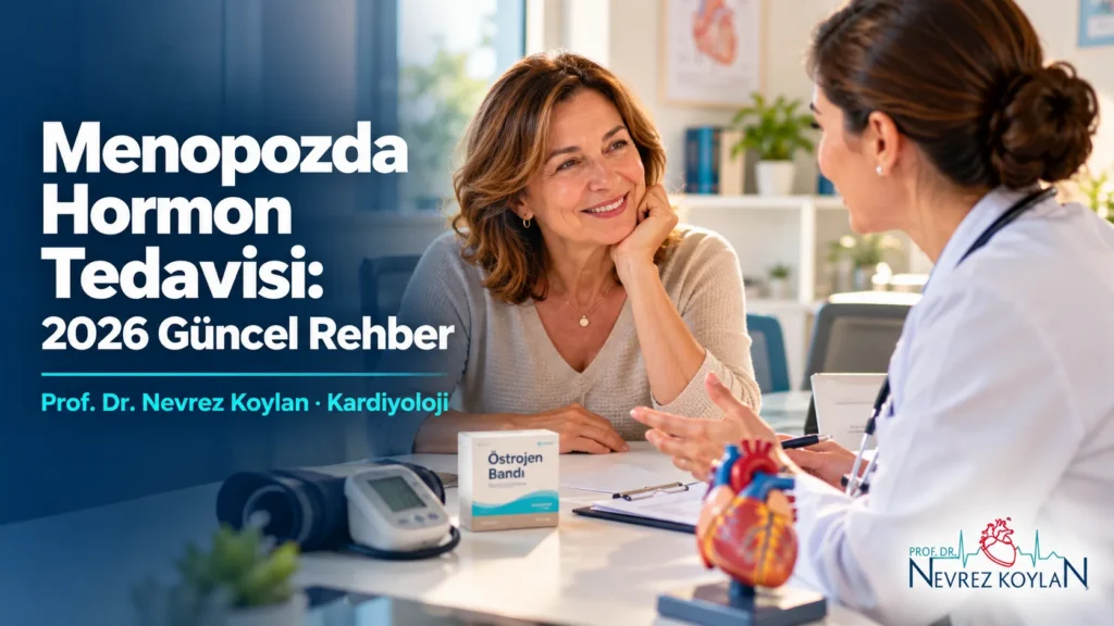 Menopozda hormon tedavisi hakkında kardiyologla konuşan 50'li yaşlarda kadın – 2026 güncel rehber kapak görseli