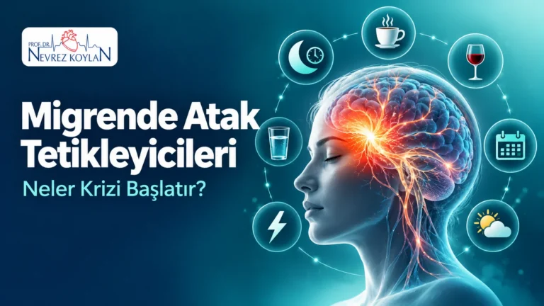 Migrende atak tetikleyicileri kapak görseli: profilden insan başı, çevresinde uyku, kahve, şarap kadehi, takvim ve hava durumu simgeleri, Prof. Dr. Nevrez Koylan logosu