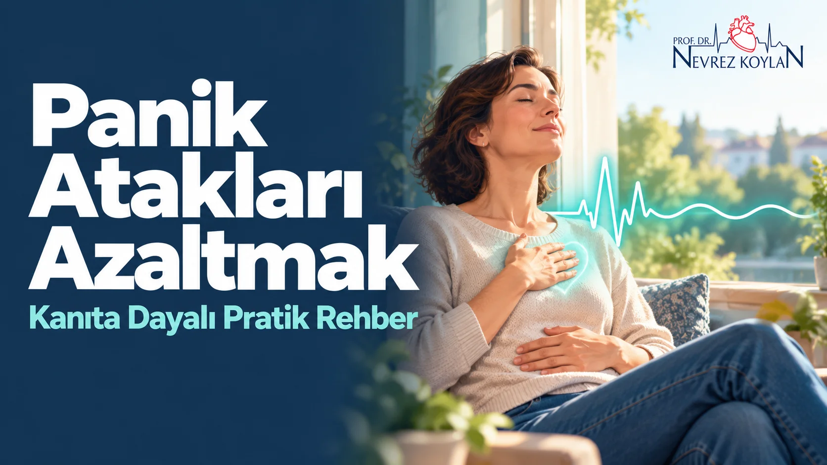 Panik atakları azaltmak için pencere kenarında yavaş nefes alan kişi ve sakinleşen kalp ritmi çizgisi illüstrasyonu
