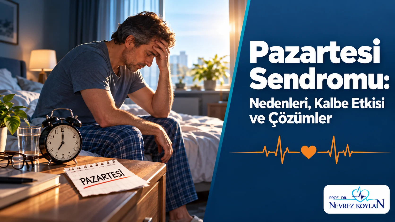 Pazartesi sendromu kapak görseli: pazartesi sabahı çalar saate yorgun bakan orta yaşlı kişi, EKG çizgisi ve Prof. Dr. Nevrez Koylan logosu