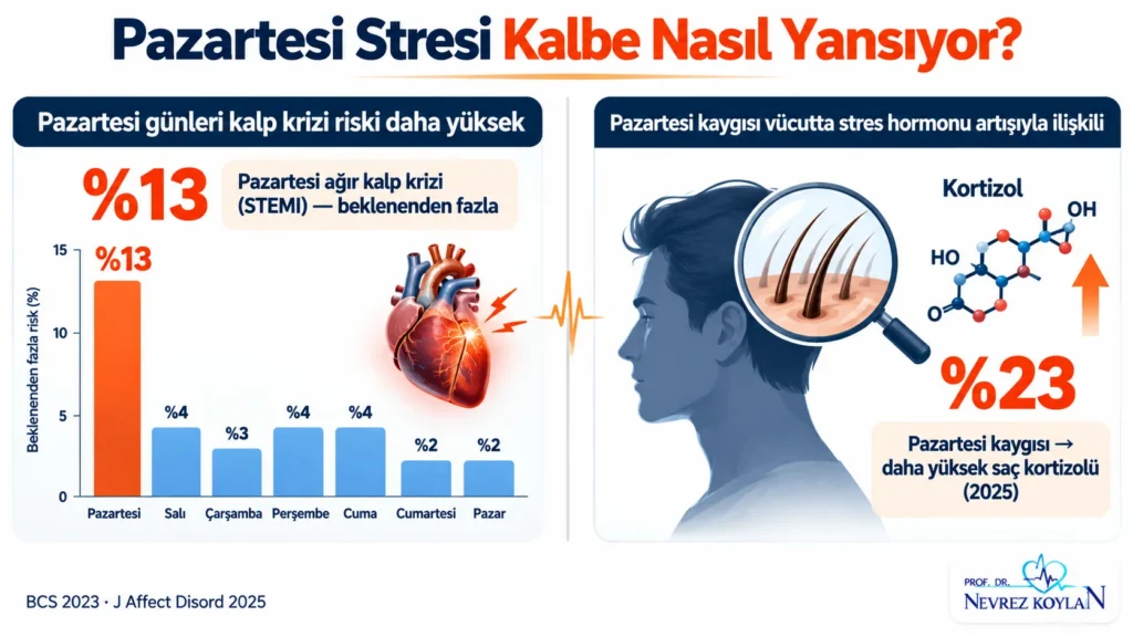 Pazartesi stresi ve kalp: pazartesi günü yüzde 13 daha sık görülen kalp krizi ve yüzde 23 daha yüksek kortizol bulgularını özetleyen infografik