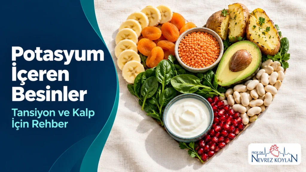 Potasyum içeren besinler: muz, kuru kayısı, ıspanak, mercimek, patates ve avokadodan oluşan kalp şeklinde düzenleme, Prof. Dr. Nevrez Koylan logosu