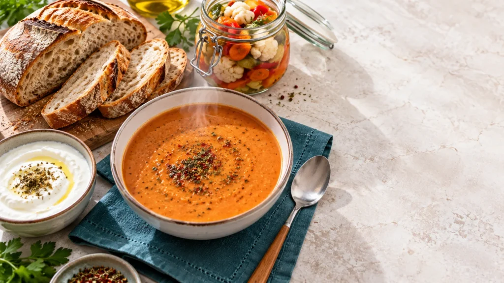 Postbiyotik içeren besinler: ekşi mayalı ekmek, tarhana çorbası, yoğurt ve turşu