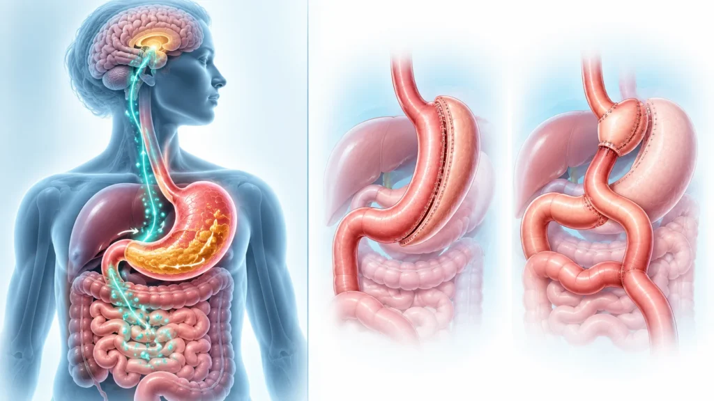 GLP-1 ilaçlarının beyin-bağırsak tokluk sinyali ile bariatrik cerrahide tüp mide ve gastrik bypass anatomisini yan yana gösteren tıbbi illüstrasyon