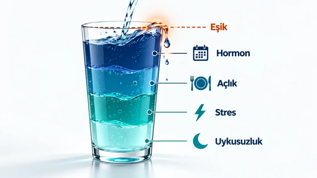 Migren tetikleyicileri eşik modeli: uykusuzluk, stres, açlık ve hormon değişiminin bir bardağı doldurup eşik çizgisini aşması
