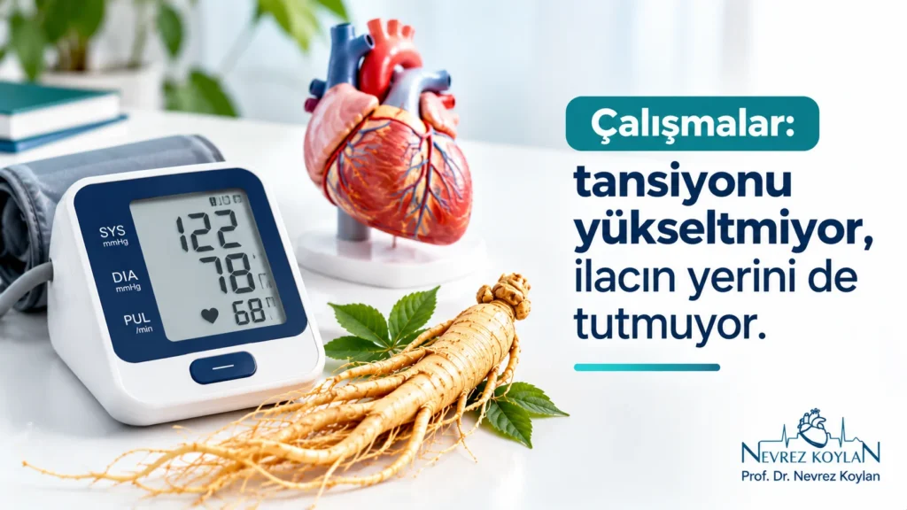 Ginseng ve tansiyon ilişkisi: dijital tansiyon aleti, ginseng kökü ve kalp modeli