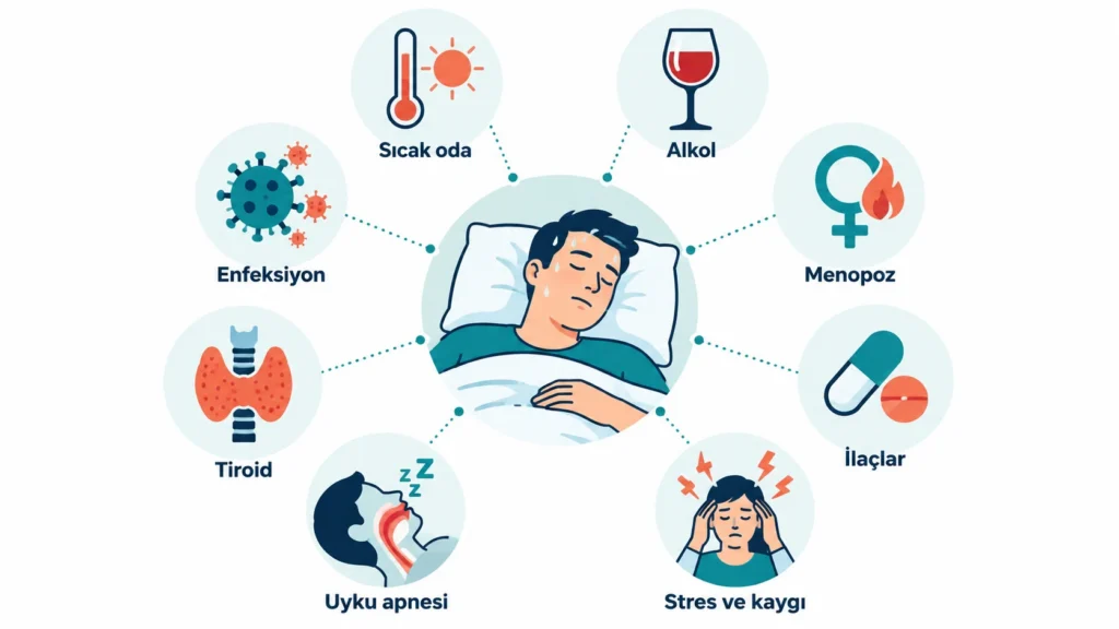 Gece terlemesinin nedenlerini gösteren infografik: sıcak oda, alkol, menopoz, ilaçlar, stres, uyku apnesi, tiroid ve enfeksiyon simgeleri