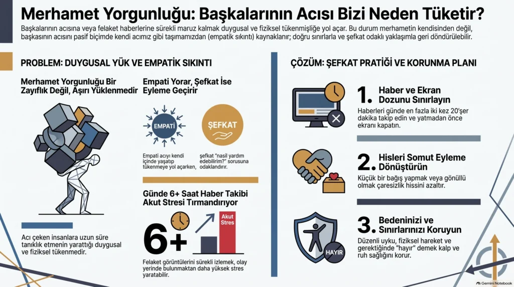 Merhamet yorgunluğunu anlatan infografik: Başkalarının acısına uzun süre maruz kalmanın duygusal yük ve empatik sıkıntıya yol açabileceği; şefkat pratiği, haber ve ekran dozunu sınırlama, duyguları somut eyleme dönüştürme ve kişisel sınırları koruma önerileri.